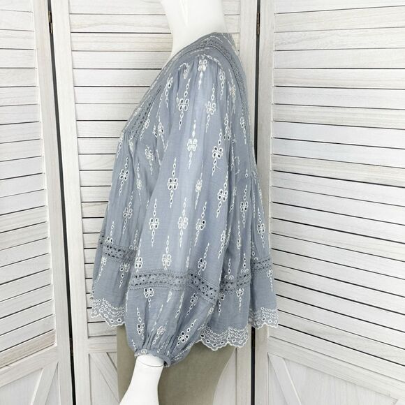 American Eagle Eyelet Embroidered Peasant Blouse Blue White XS Cropped - Picture 3 of 14